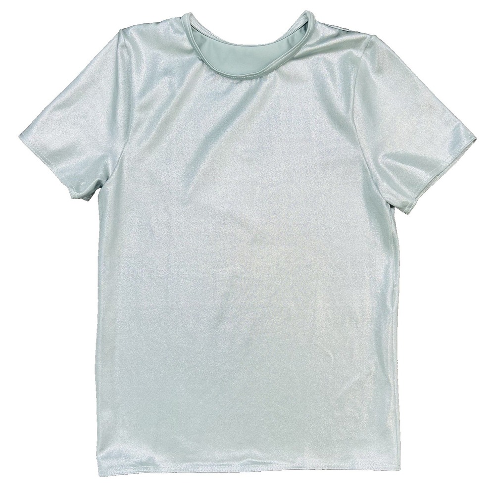 Weissman Boys Metallic Dance Top MC Silver Shiny Stretch Short Sleeve Shirt - Picture 2 of 10